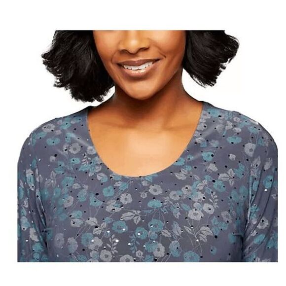 Susan Graver Womens 3X Liquid Knit 3/4 Sleeve Floral Printed Top Navy Blue NWT - Picture 3 of 4